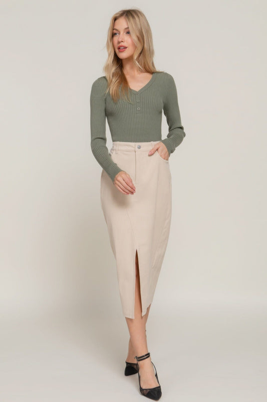 Women Front Open Slit Corduroy Midi Skirt Skirts jehouze Cream S