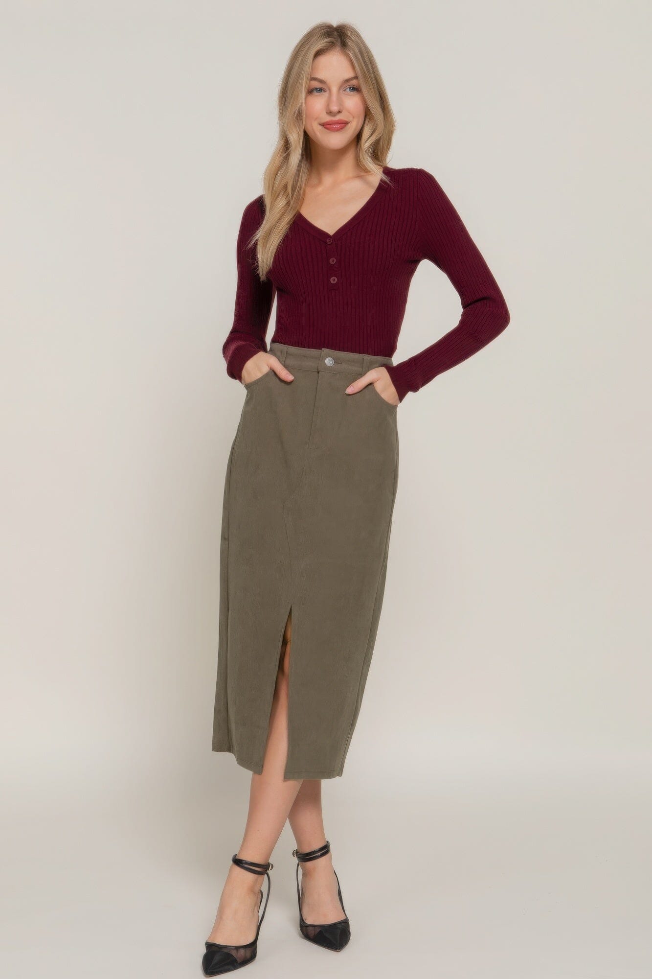 Women Front Open Slit Corduroy Midi Skirt Skirts jehouze Olive Oil S