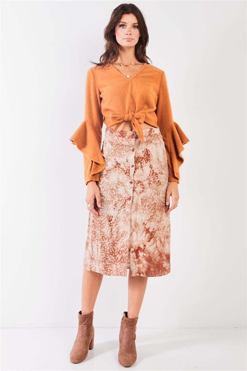 Women Fuzzy long ruffle sleeve v-neck self-tie front detail cropped top Shirts & Tops jehouze Camel S