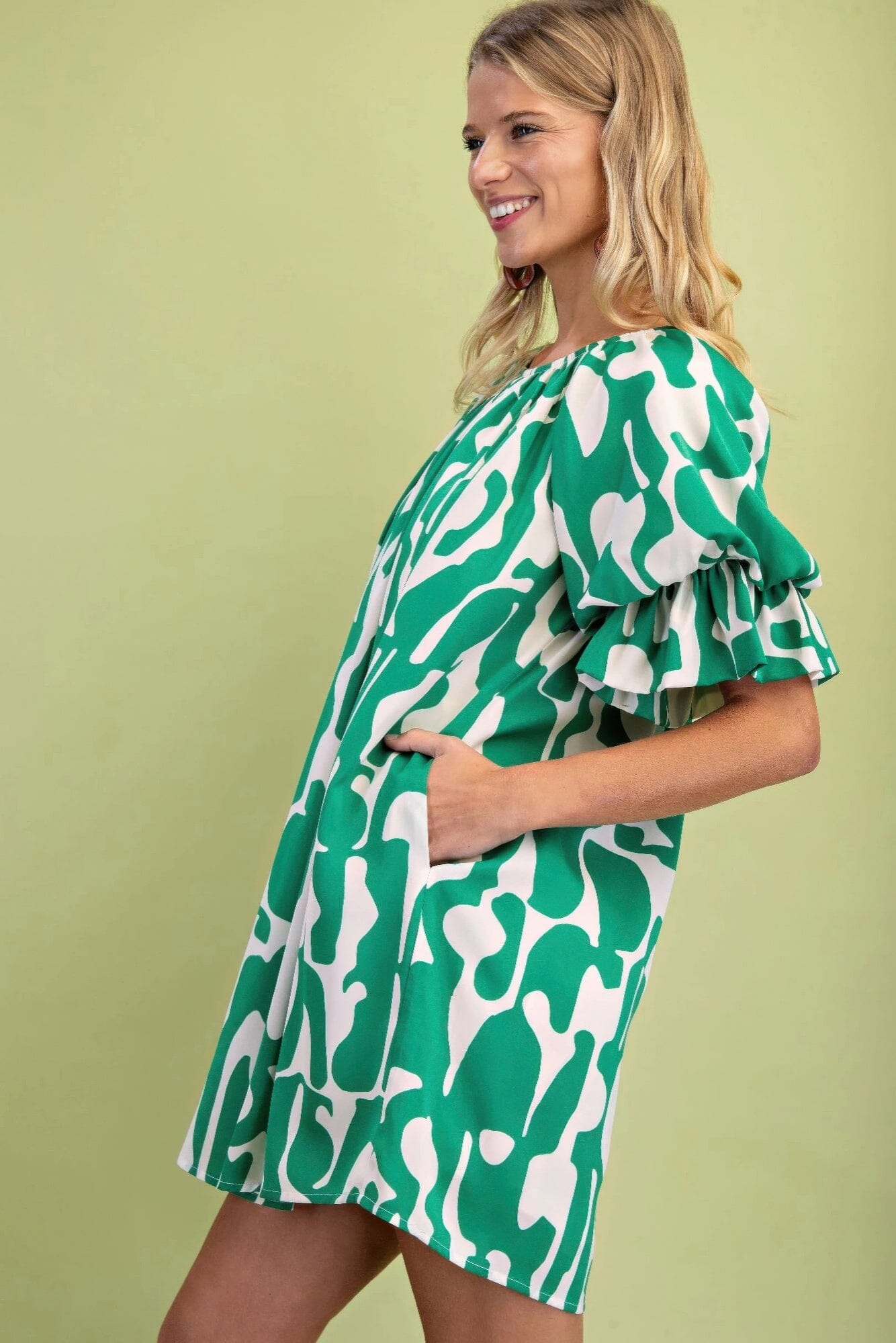 Women Geometric Print Loose Fit Mini Dress With Gathered Balloon Sleeves Dresses jehouze