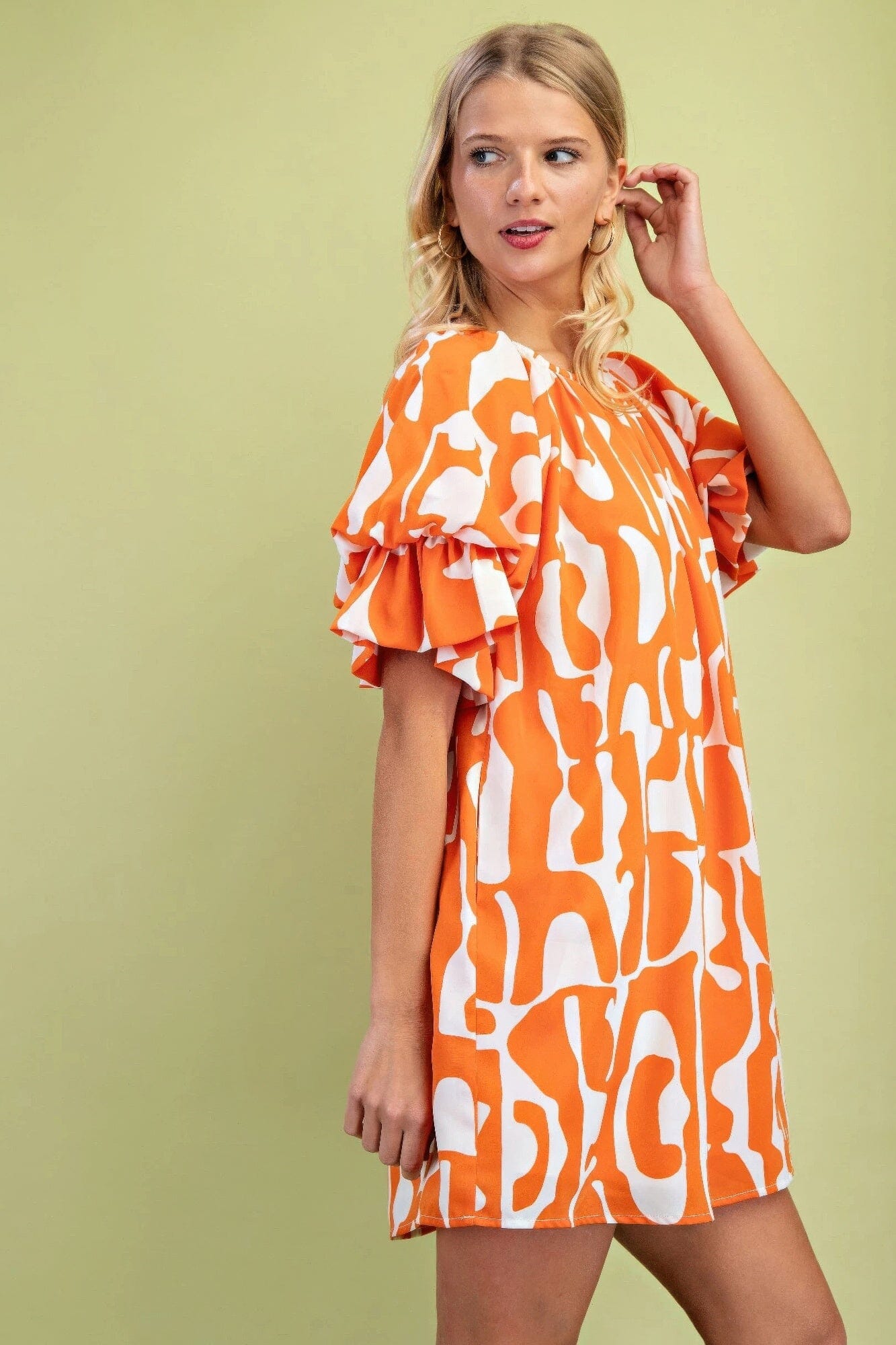 Women Geometric Print Loose Fit Mini Dress With Gathered Balloon Sleeves Dresses jehouze