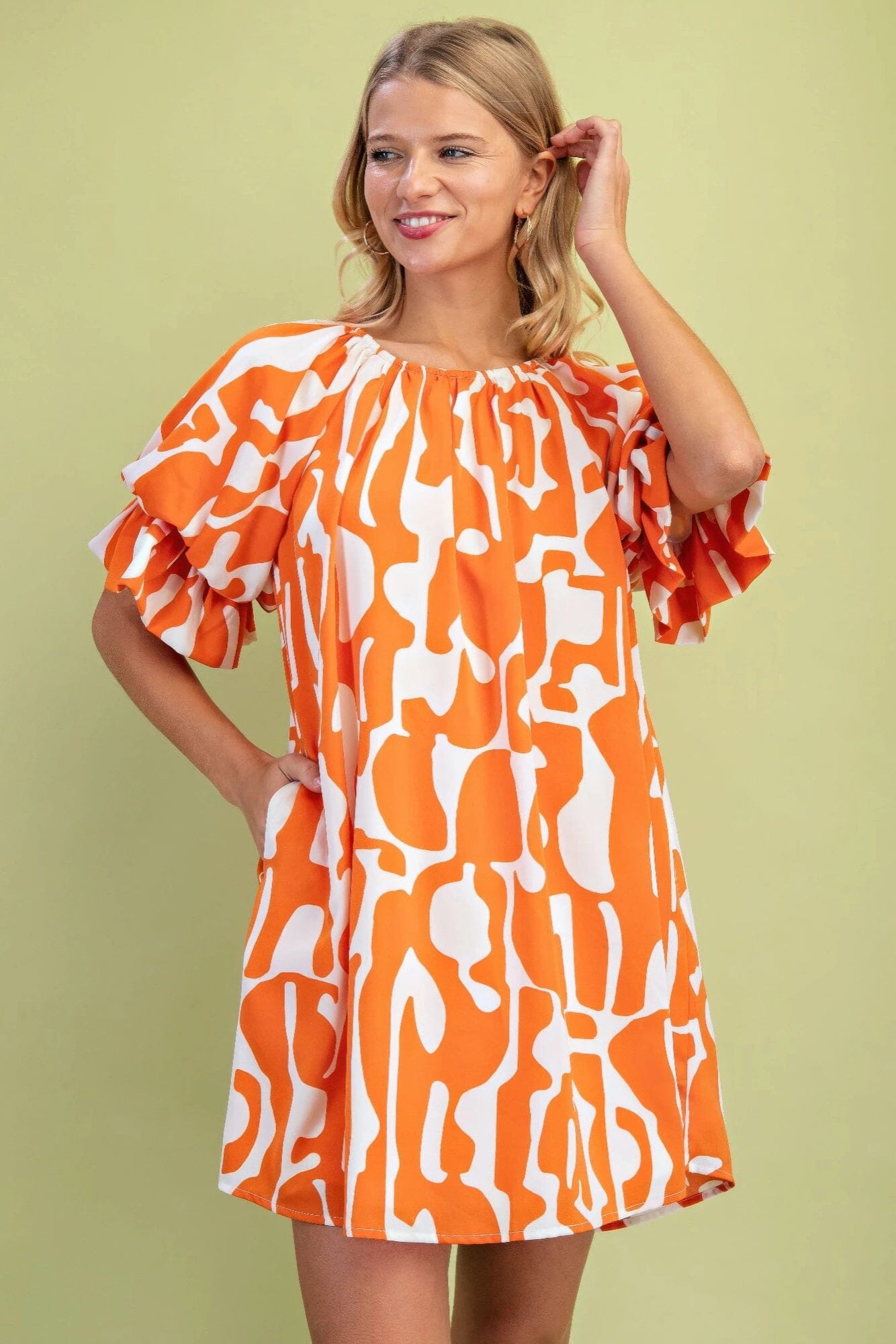 Women Geometric Print Loose Fit Mini Dress With Gathered Balloon Sleeves Dresses jehouze