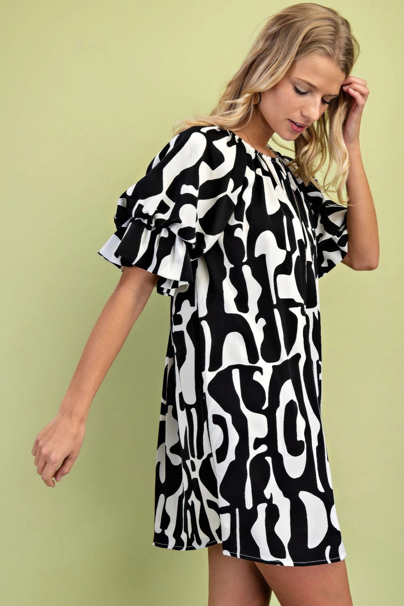 Women Geometric Print Loose Fit Mini Dress With Gathered Balloon Sleeves Dresses jehouze