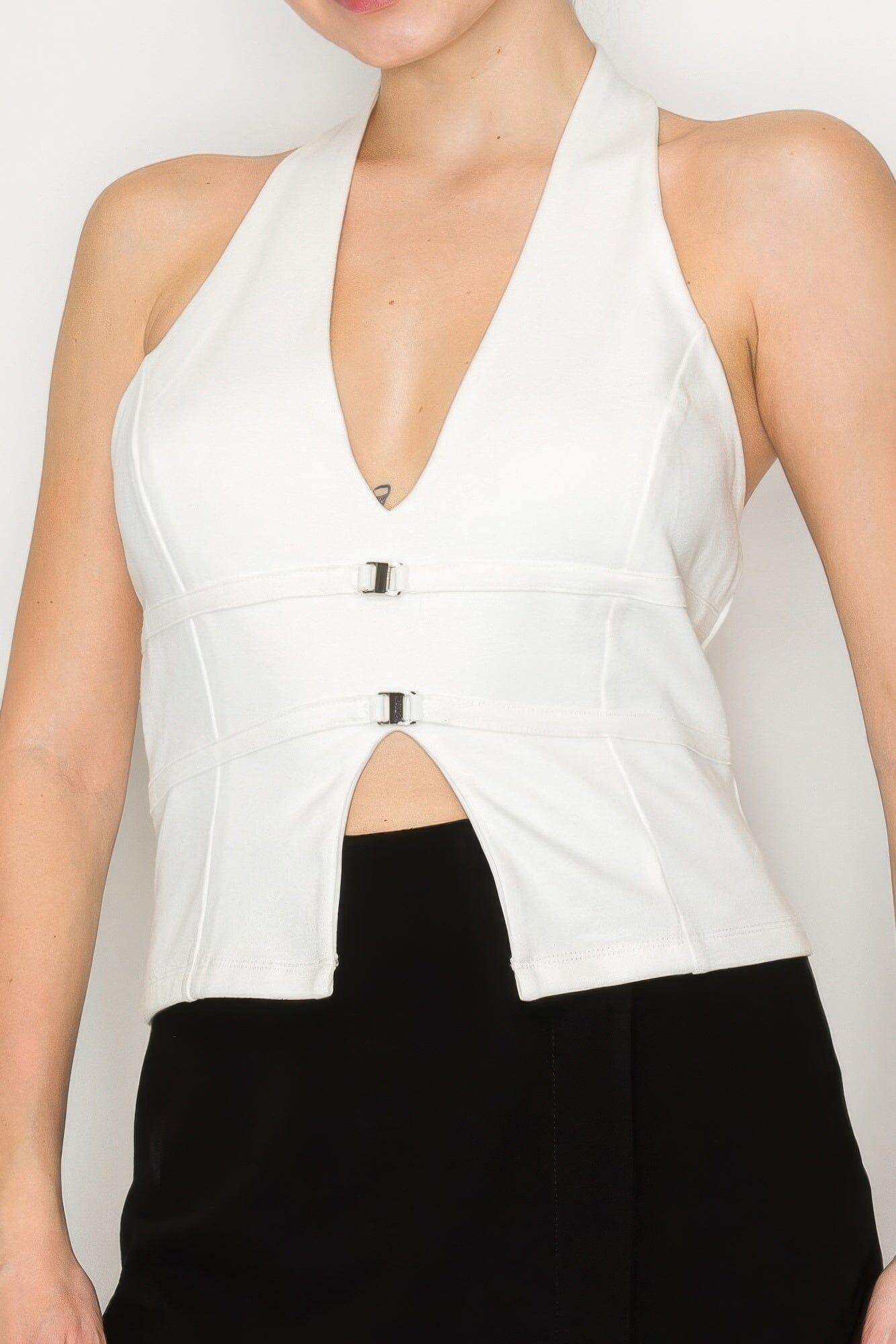 Women Halter Neck Buckled Open-back Top Shirts & Tops jehouze