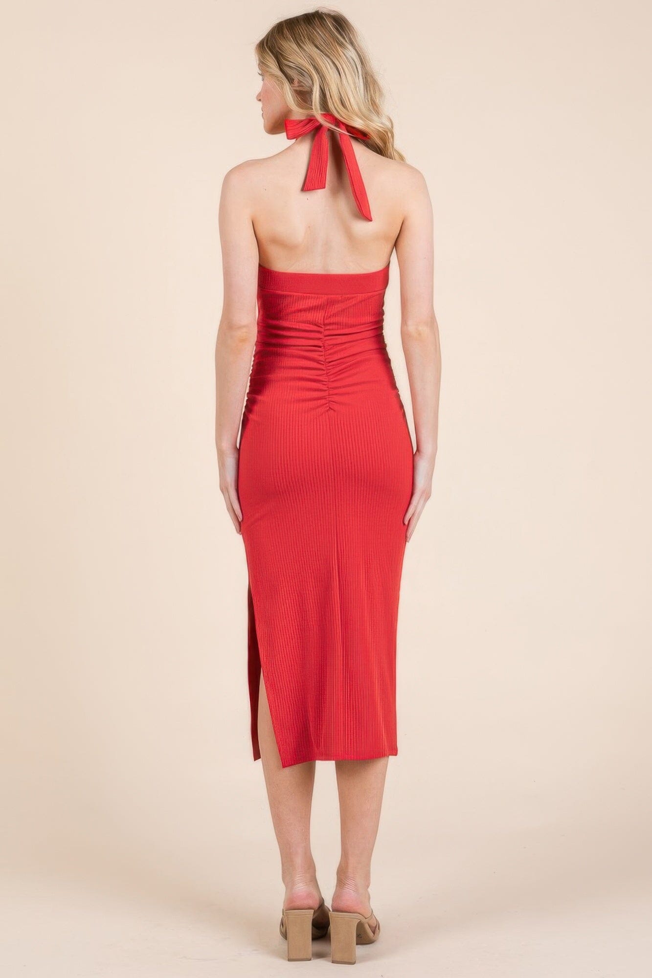 Women Halter Tied Criss-cross Midi Ribbed Dress Dresses jehouze