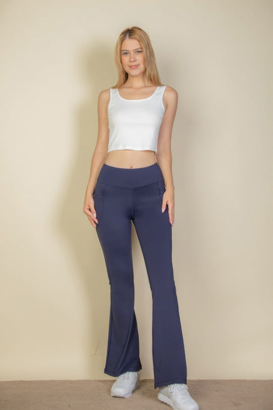 Women High Waist Side Pocket Flare Leggings Pants jehouze Navy XS