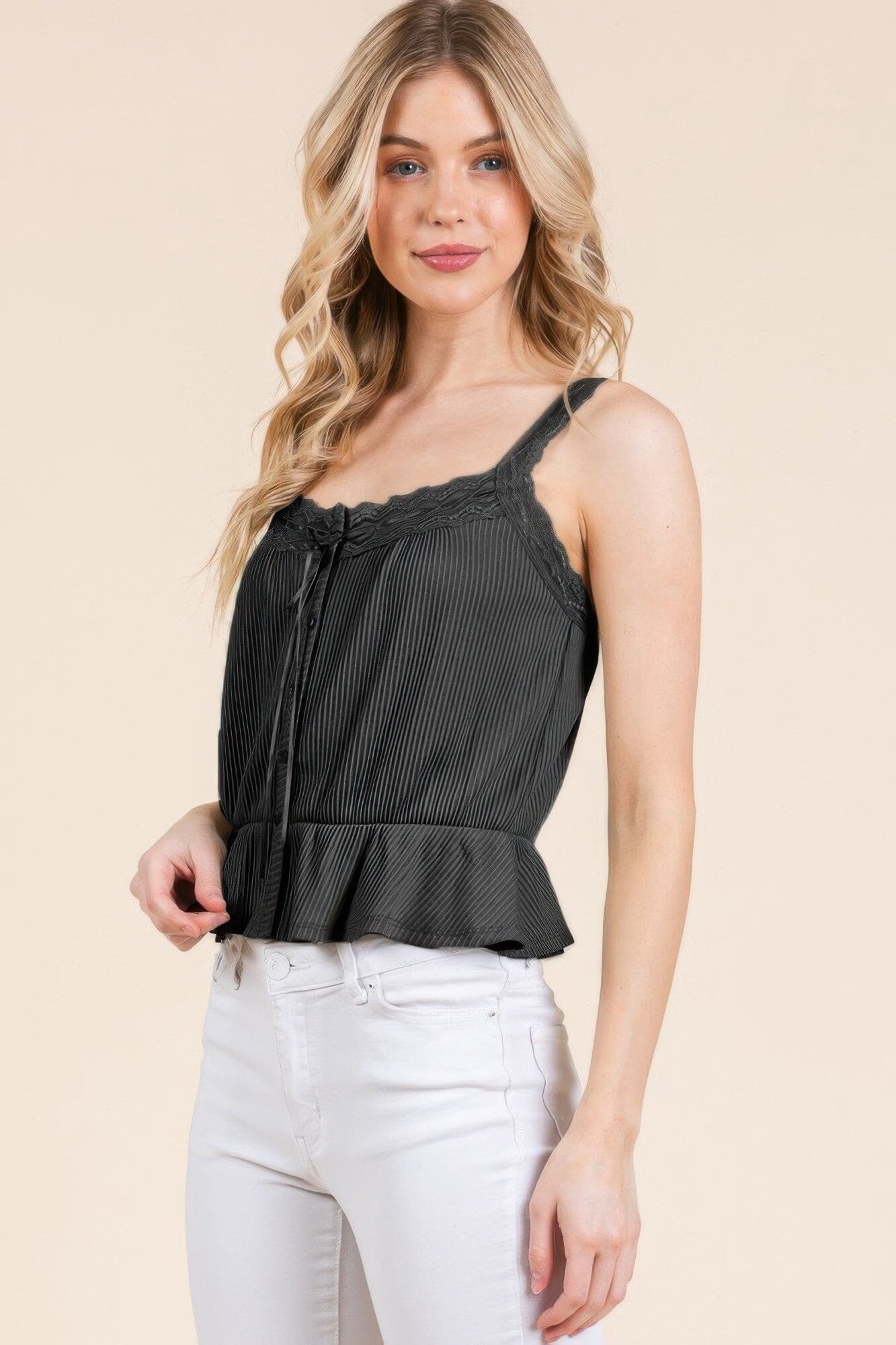 Women Lace Peplum Tie Front Ribbed Cami Top Shirts & Tops jehouze