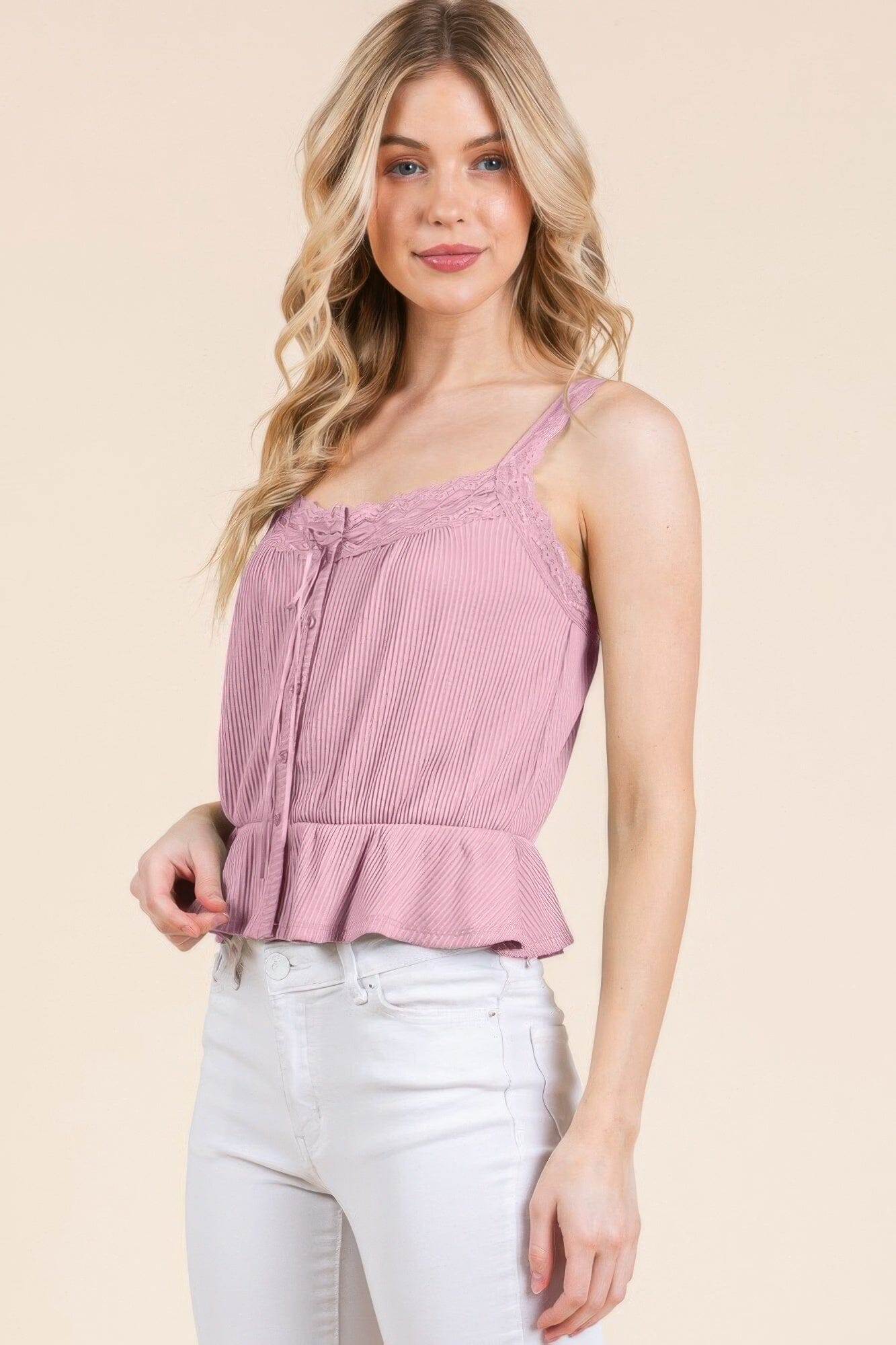 Women Lace Peplum Tie Front Ribbed Cami Top Shirts & Tops jehouze