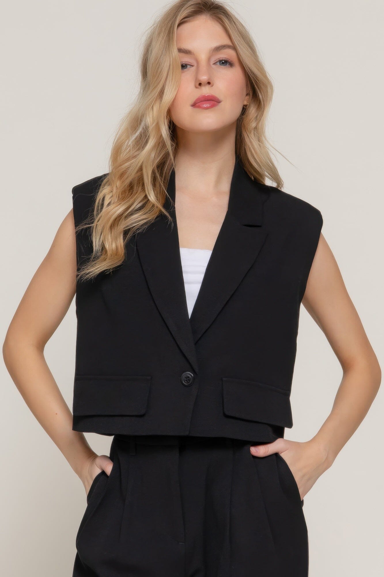 Women Lapel Collar with shoulder Pads Vest Outerwear jehouze Black S