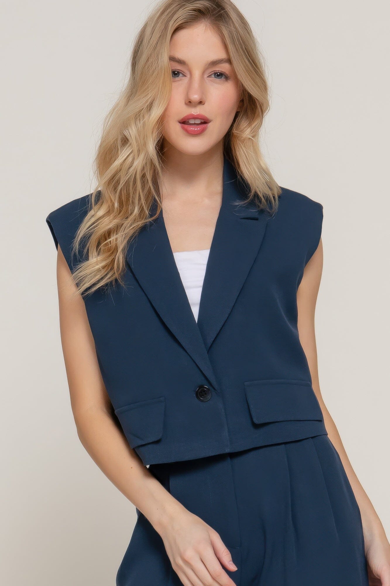 Women Lapel Collar with shoulder Pads Vest Outerwear jehouze Navy S