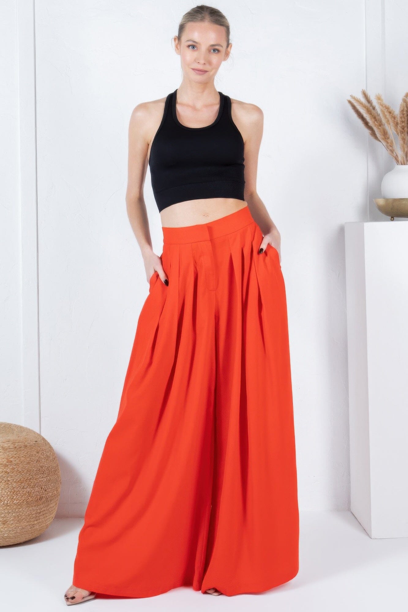 Women Large Hem Wide Leg Pleated Solid Pants Pants jehouze