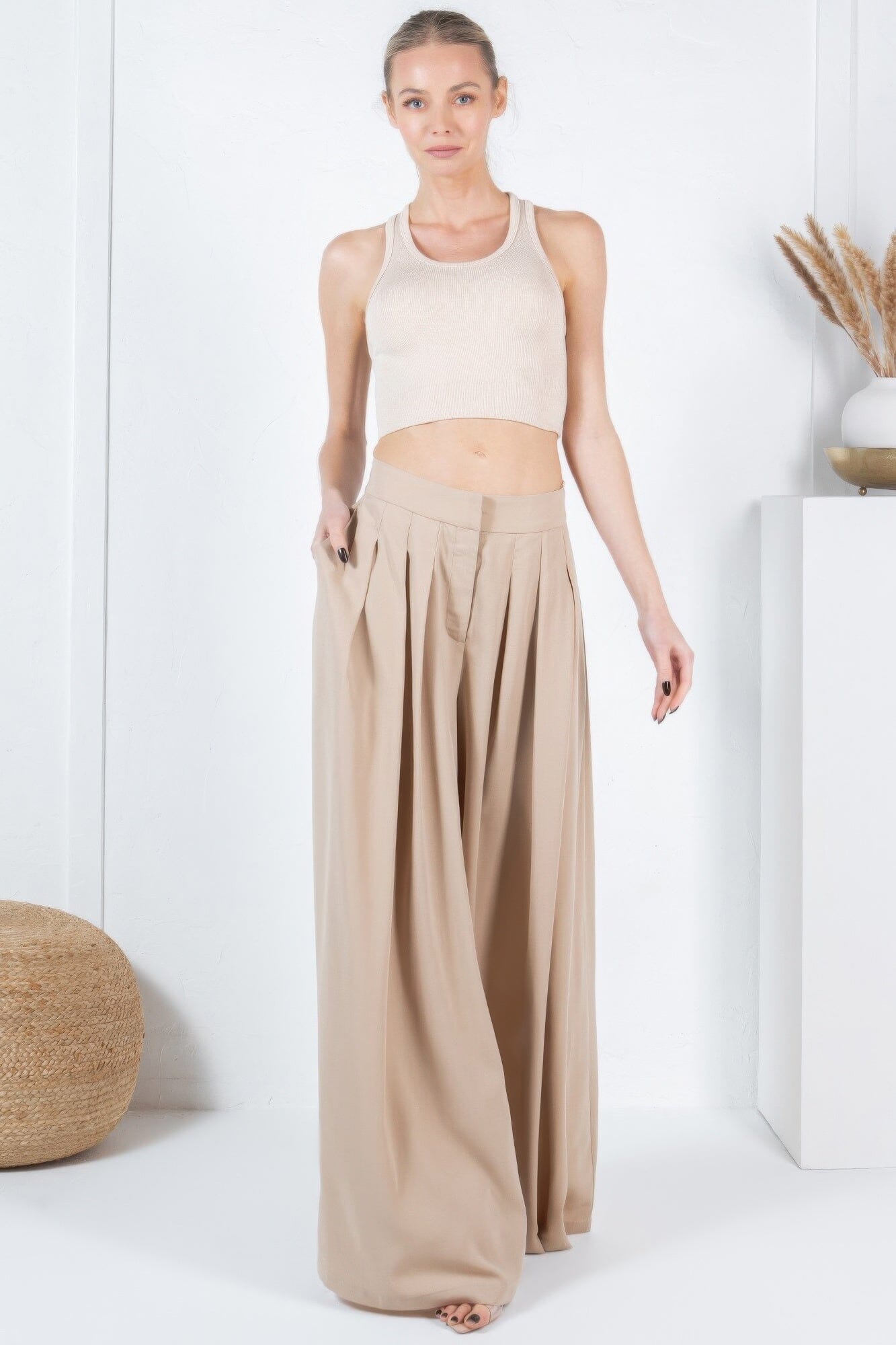 Women Large Hem Wide Leg Pleated Solid Pants Pants jehouze