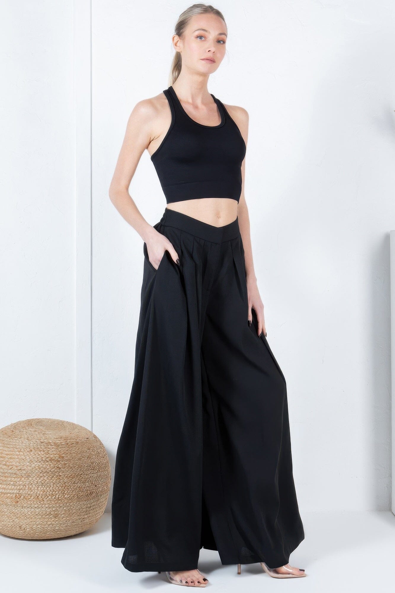 Women Large Hem Wide Leg Pleated Solid Pants Pants jehouze