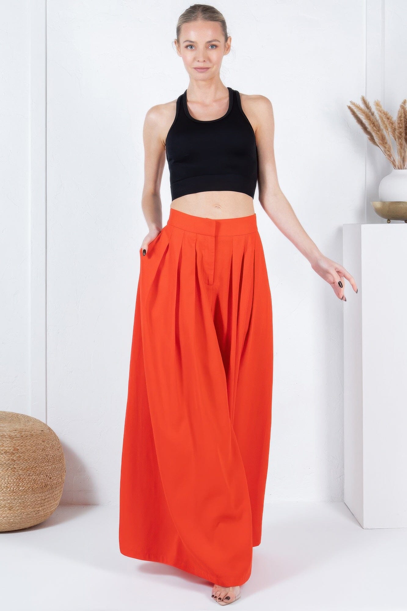 Women Large Hem Wide Leg Pleated Solid Pants Pants jehouze Tomato S