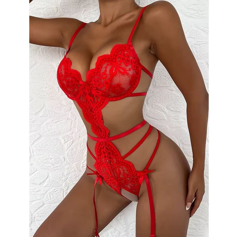 Women Lingerie Sexy Bandage Hollow Out Lace Teddy Babydoll Bodysuit Lingerie jehouze