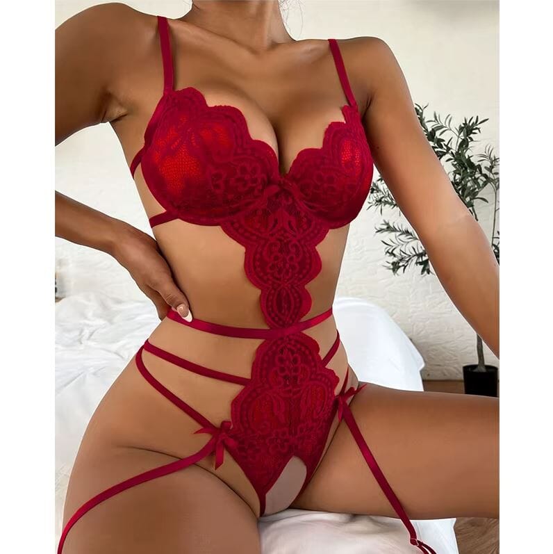 Women Lingerie Sexy Bandage Hollow Out Lace Teddy Babydoll Bodysuit Lingerie jehouze Wine Red S