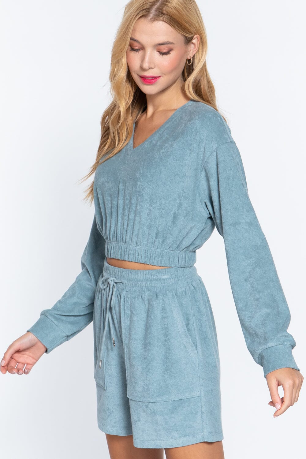 Women Long Sleeve Elasticized Hem Terry Towelling Top Shirts & Tops jehouze