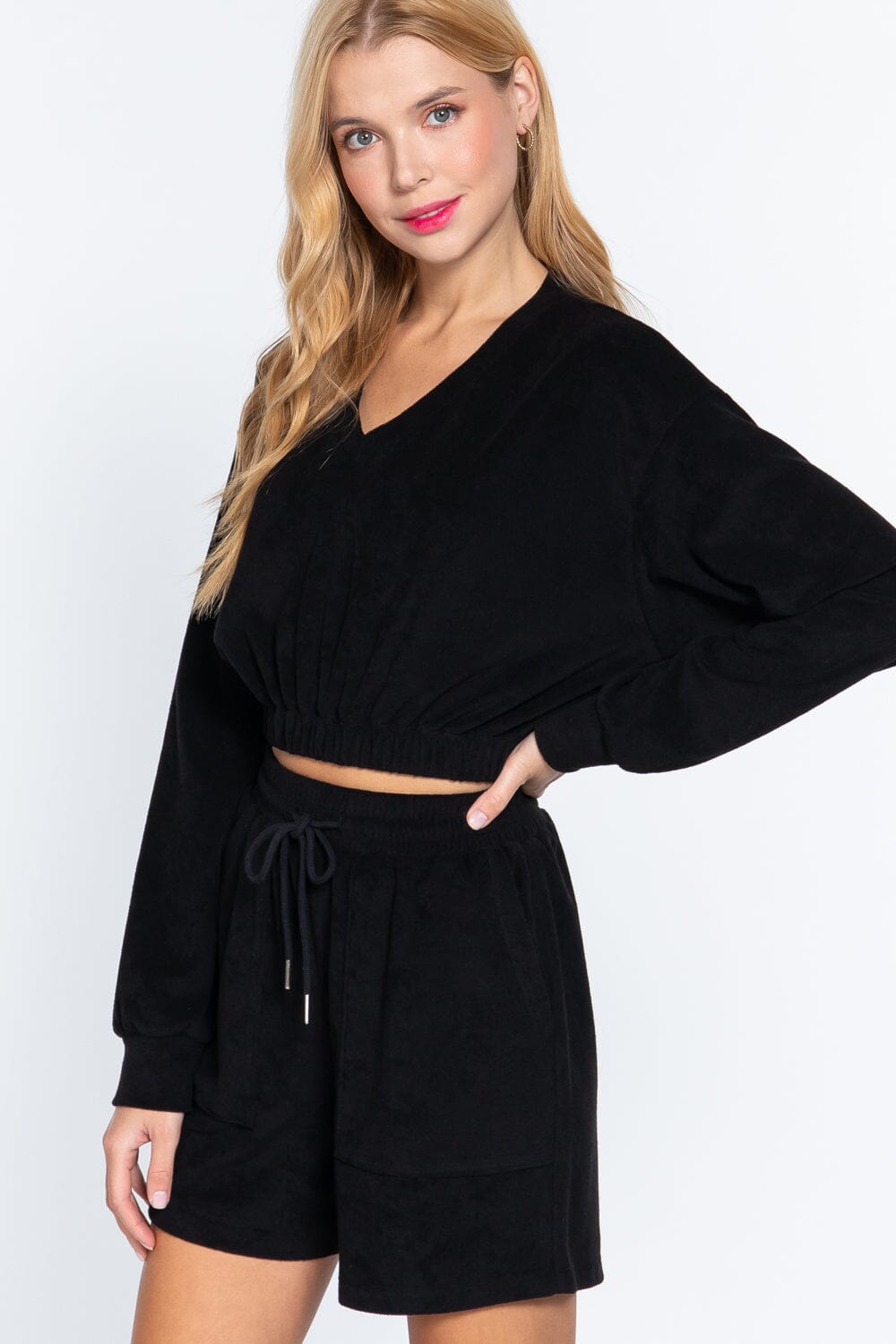 Women Long Sleeve Elasticized Hem Terry Towelling Top Shirts & Tops jehouze