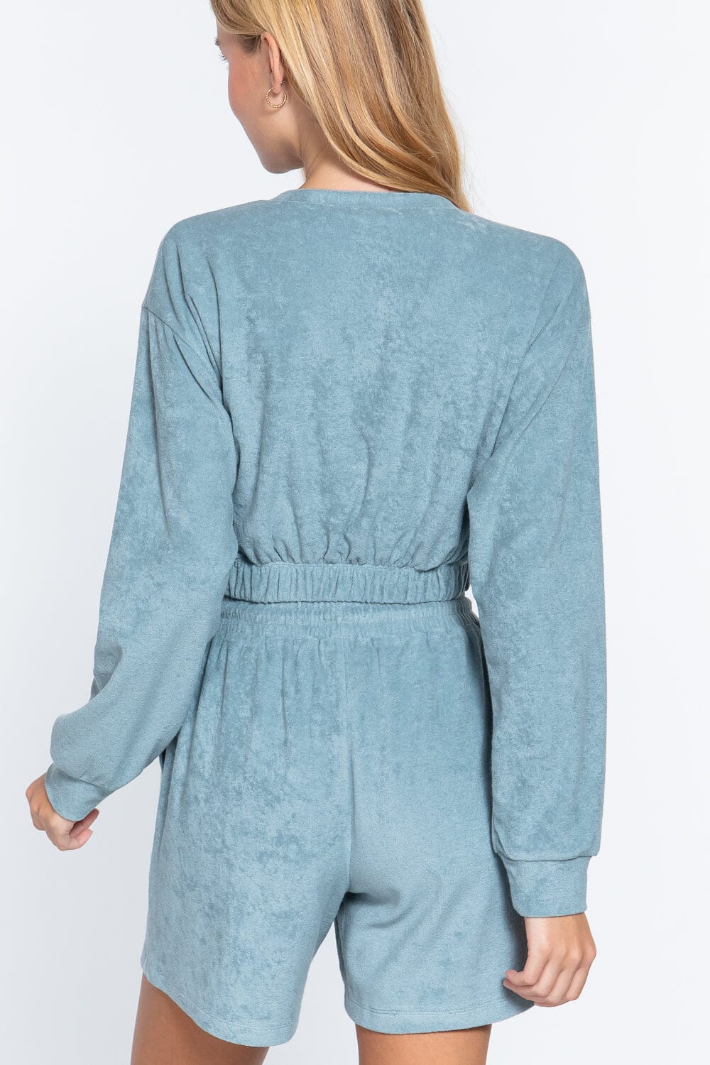 Women Long Sleeve Elasticized Hem Terry Towelling Top Shirts & Tops jehouze