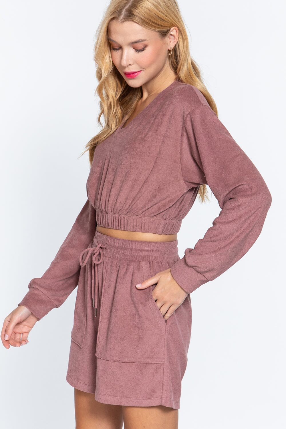 Women Long Sleeve Elasticized Hem Terry Towelling Top Shirts & Tops jehouze