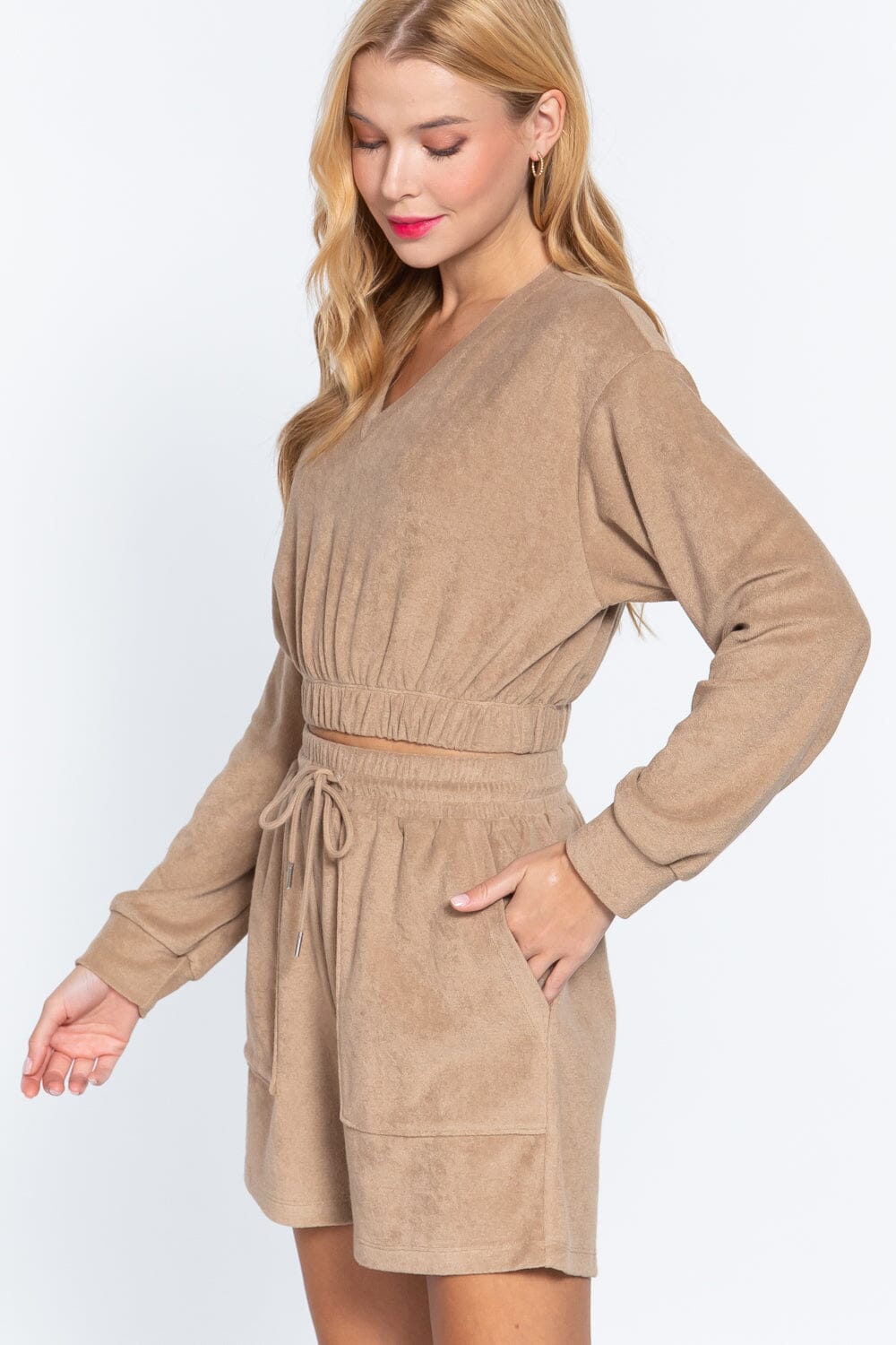 Women Long Sleeve Elasticized Hem Terry Towelling Top Shirts & Tops jehouze