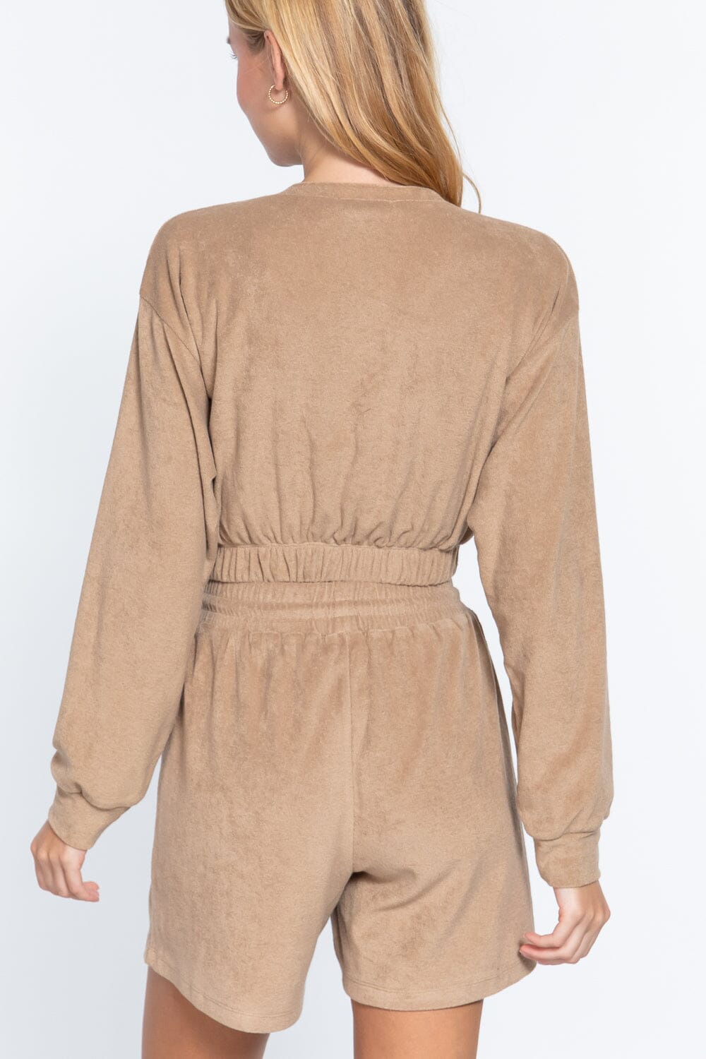 Women Long Sleeve Elasticized Hem Terry Towelling Top Shirts & Tops jehouze