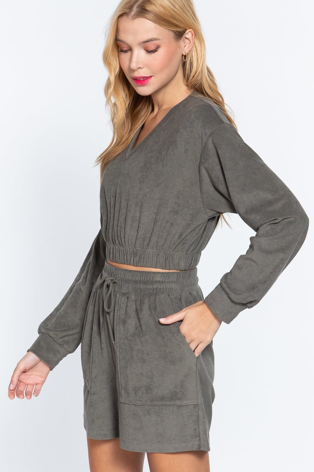 Women Long Sleeve Elasticized Hem Terry Towelling Top Shirts & Tops jehouze