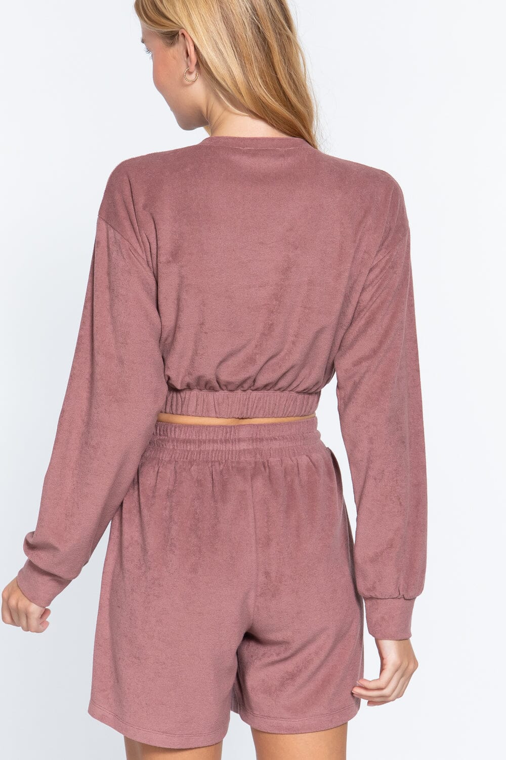 Women Long Sleeve Elasticized Hem Terry Towelling Top Shirts & Tops jehouze