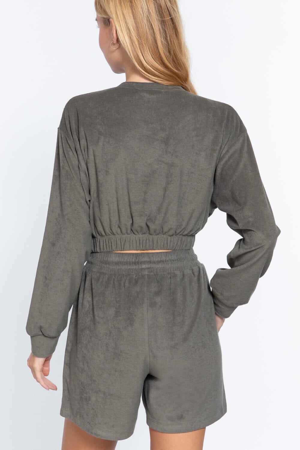 Women Long Sleeve Elasticized Hem Terry Towelling Top Shirts & Tops jehouze