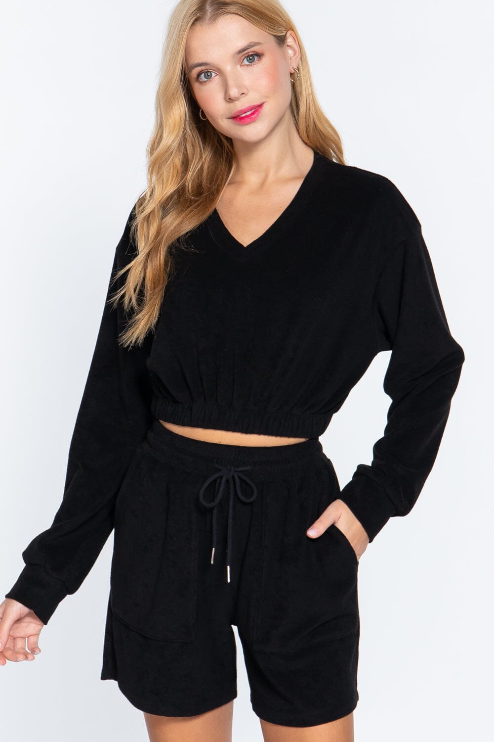 Women Long Sleeve Elasticized Hem Terry Towelling Top Shirts & Tops jehouze Black S