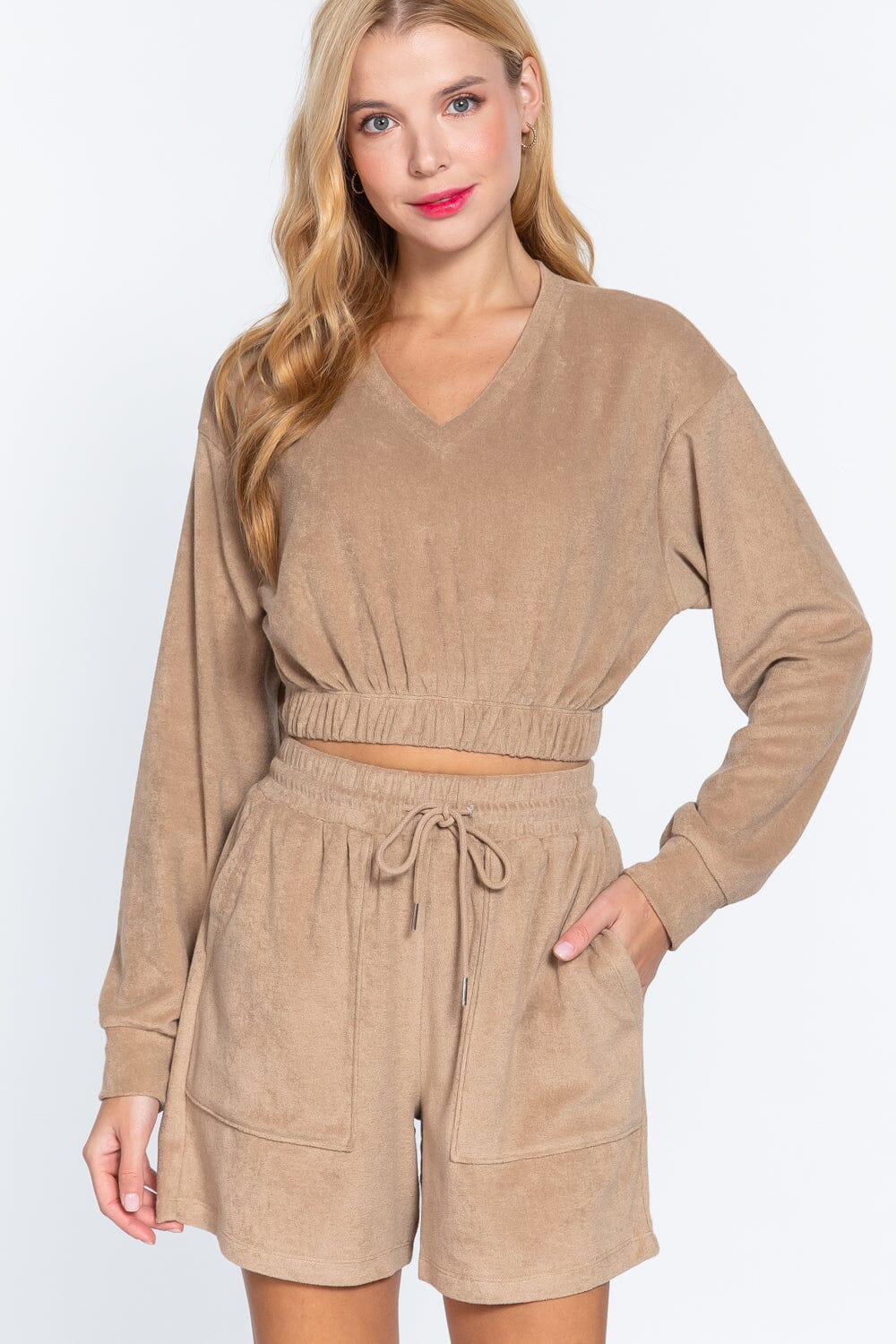 Women Long Sleeve Elasticized Hem Terry Towelling Top Shirts & Tops jehouze Mocha S