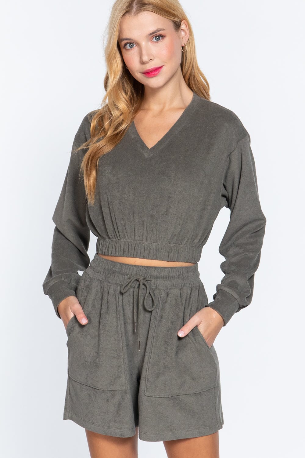 Women Long Sleeve Elasticized Hem Terry Towelling Top Shirts & Tops jehouze Olive S