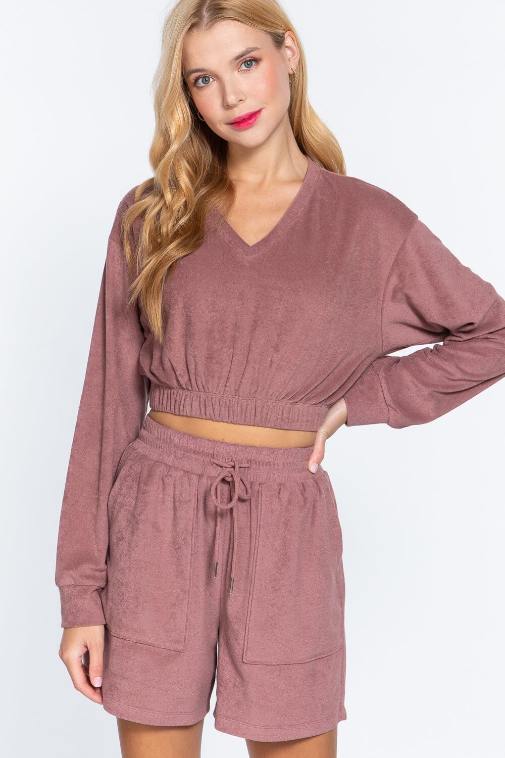 Women Long Sleeve Elasticized Hem Terry Towelling Top Shirts & Tops jehouze Vintage Pink S