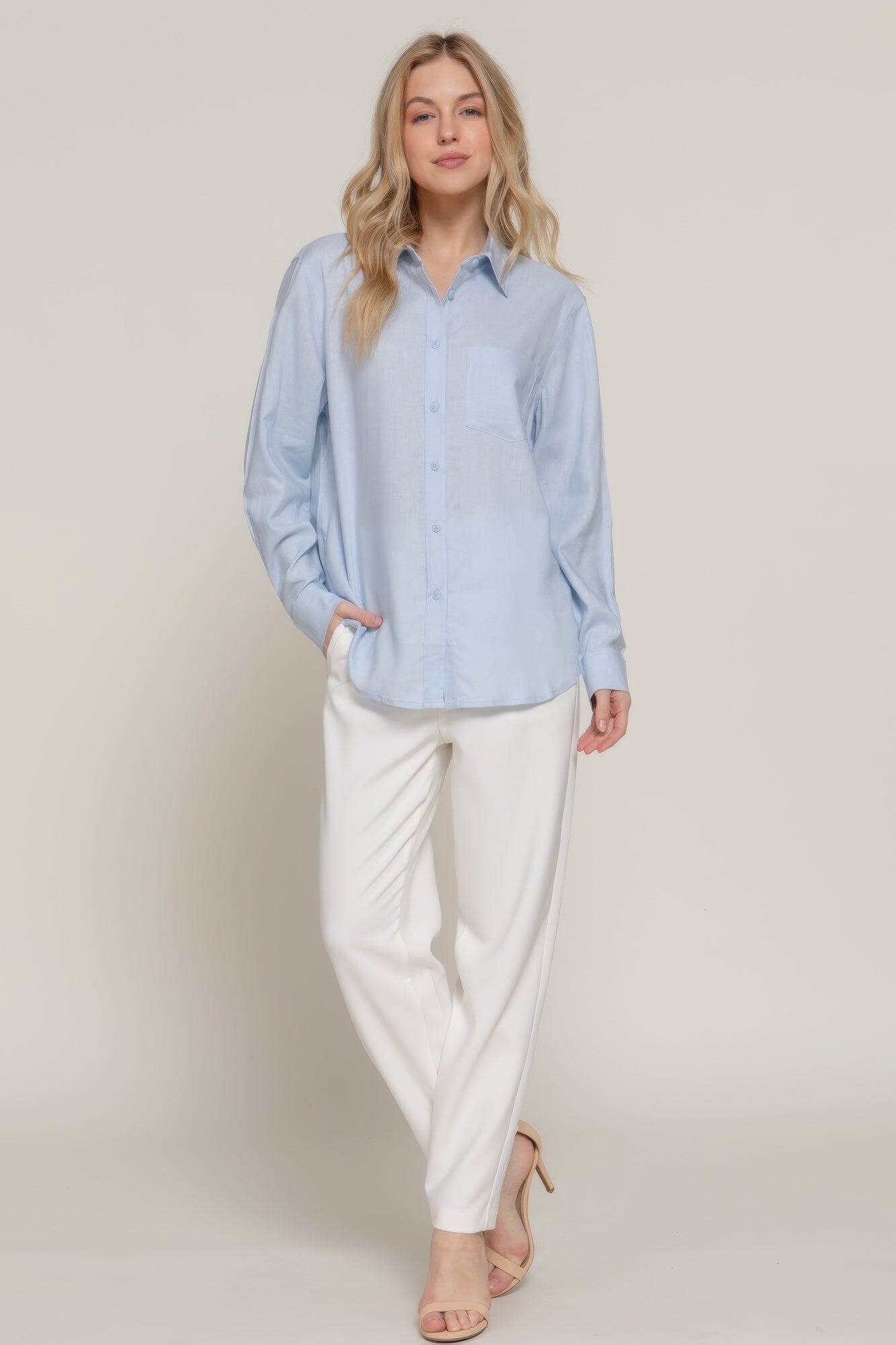Women Long Sleeve Linen Blend Shirt Shirts & Tops jehouze Light blue S
