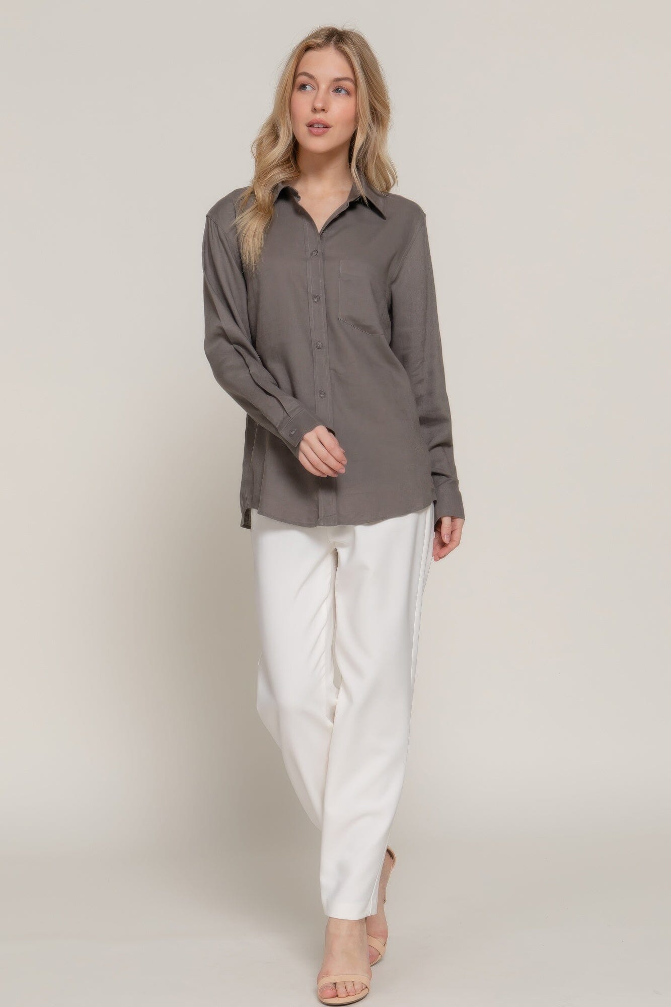 Women Long Sleeve Linen Blend Shirt Shirts & Tops jehouze Mocha S
