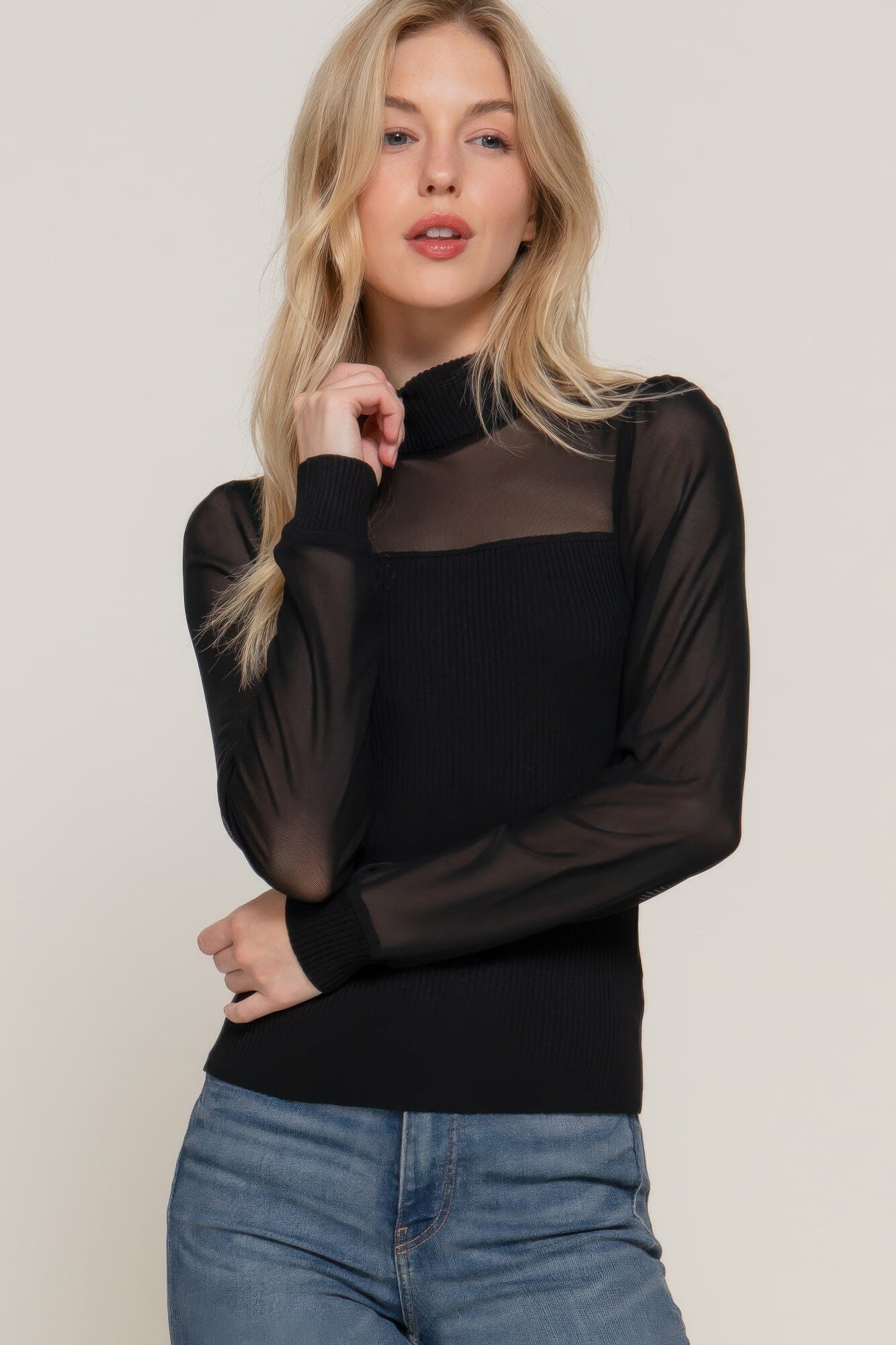 Women Long Sleeve Mesh Panel Detail Sweater Top Shirts & Tops jehouze Black S
