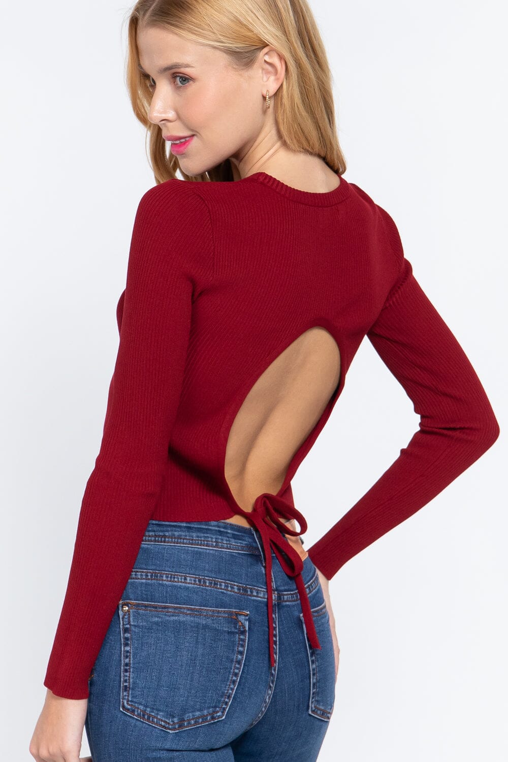 Women Long Sleeve Open Back Sweater Top Shirts & Tops jehouze
