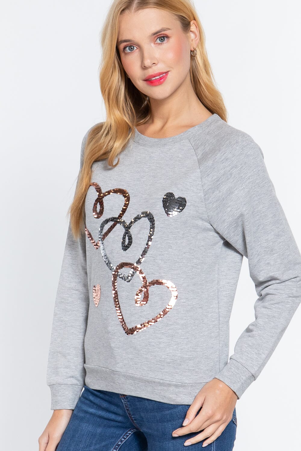 Women Long Sleeve Sequins French Terry Pullover Top Shirts & Tops jehouze