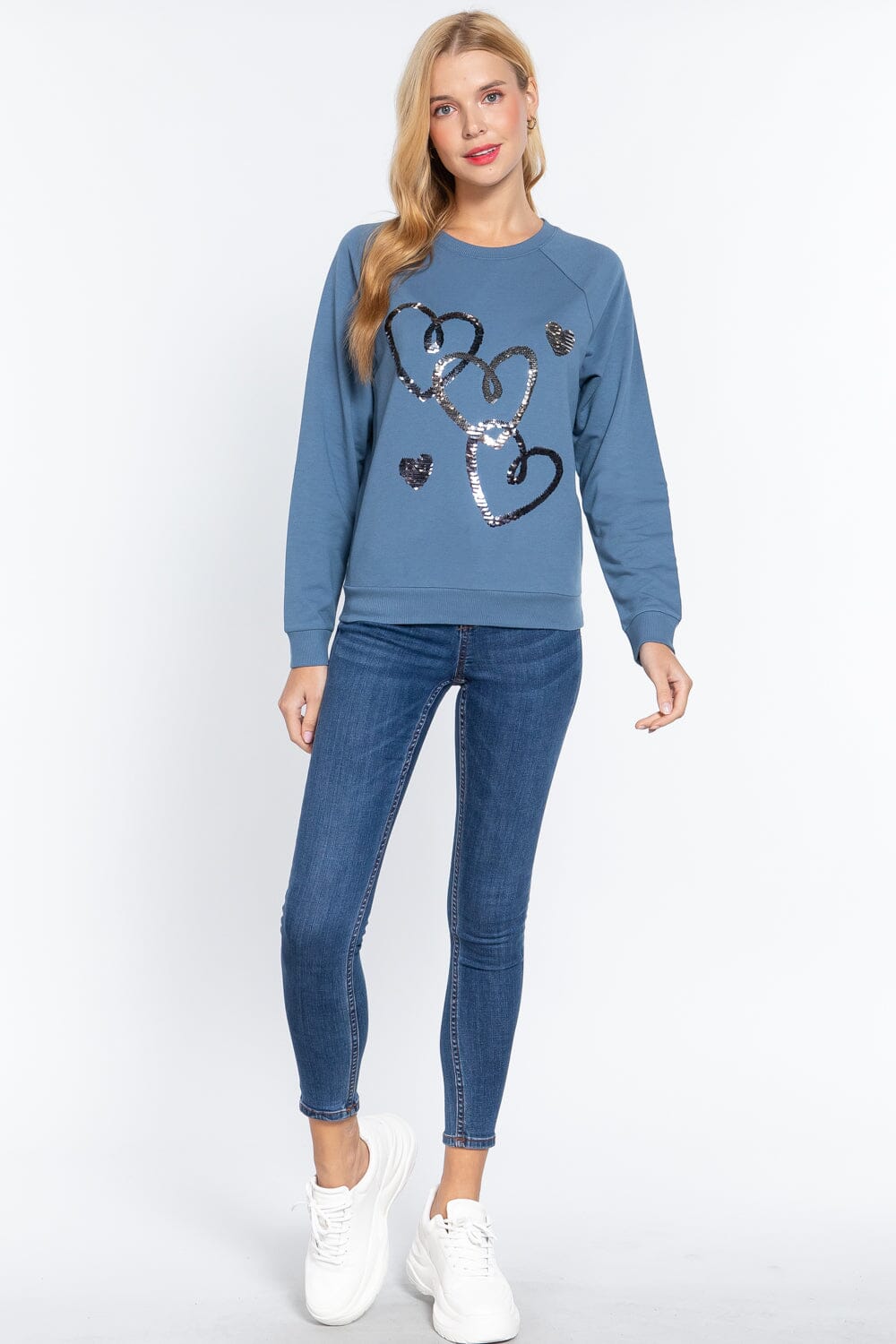 Women Long Sleeve Sequins French Terry Pullover Top Shirts & Tops jehouze