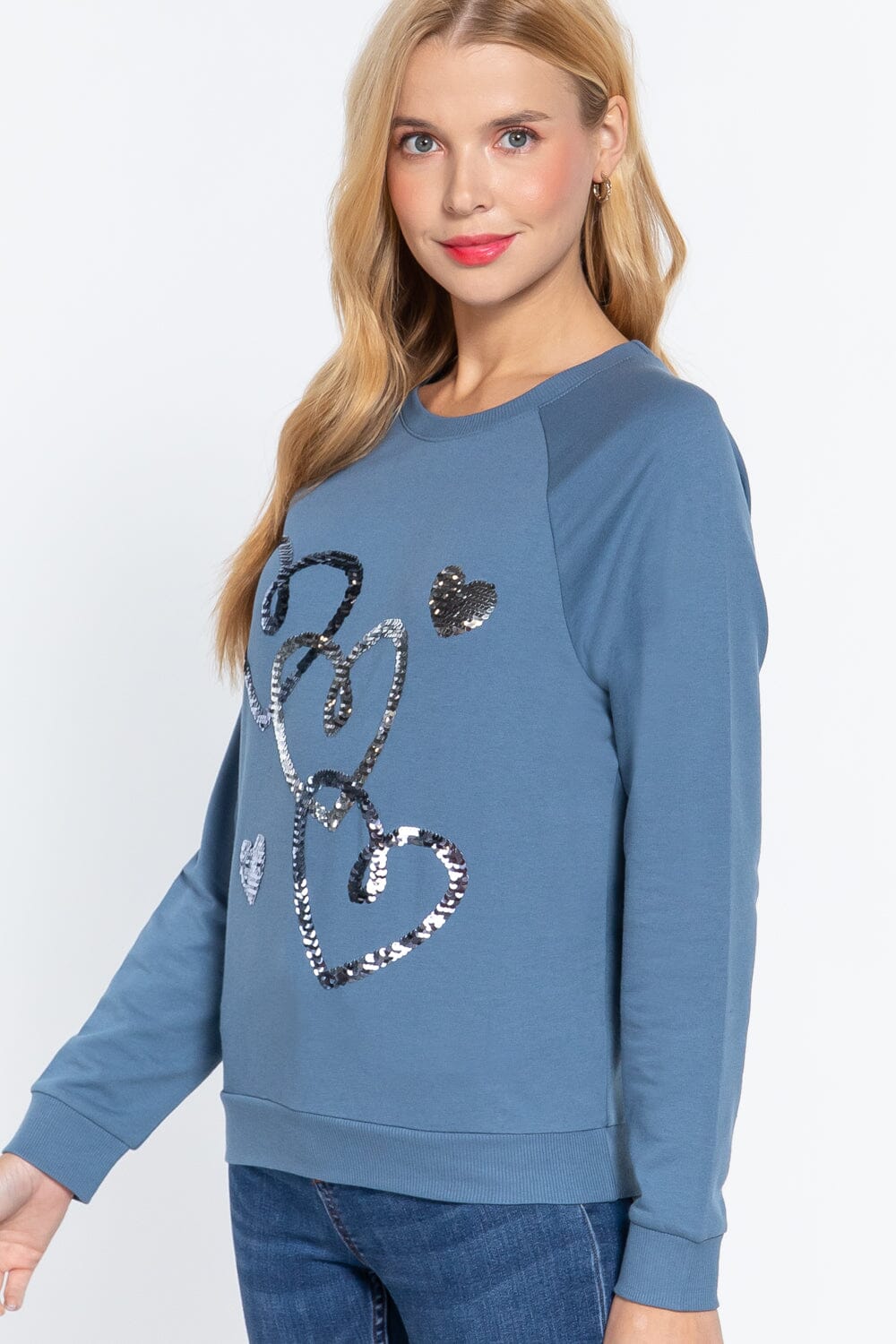 Women Long Sleeve Sequins French Terry Pullover Top Shirts & Tops jehouze