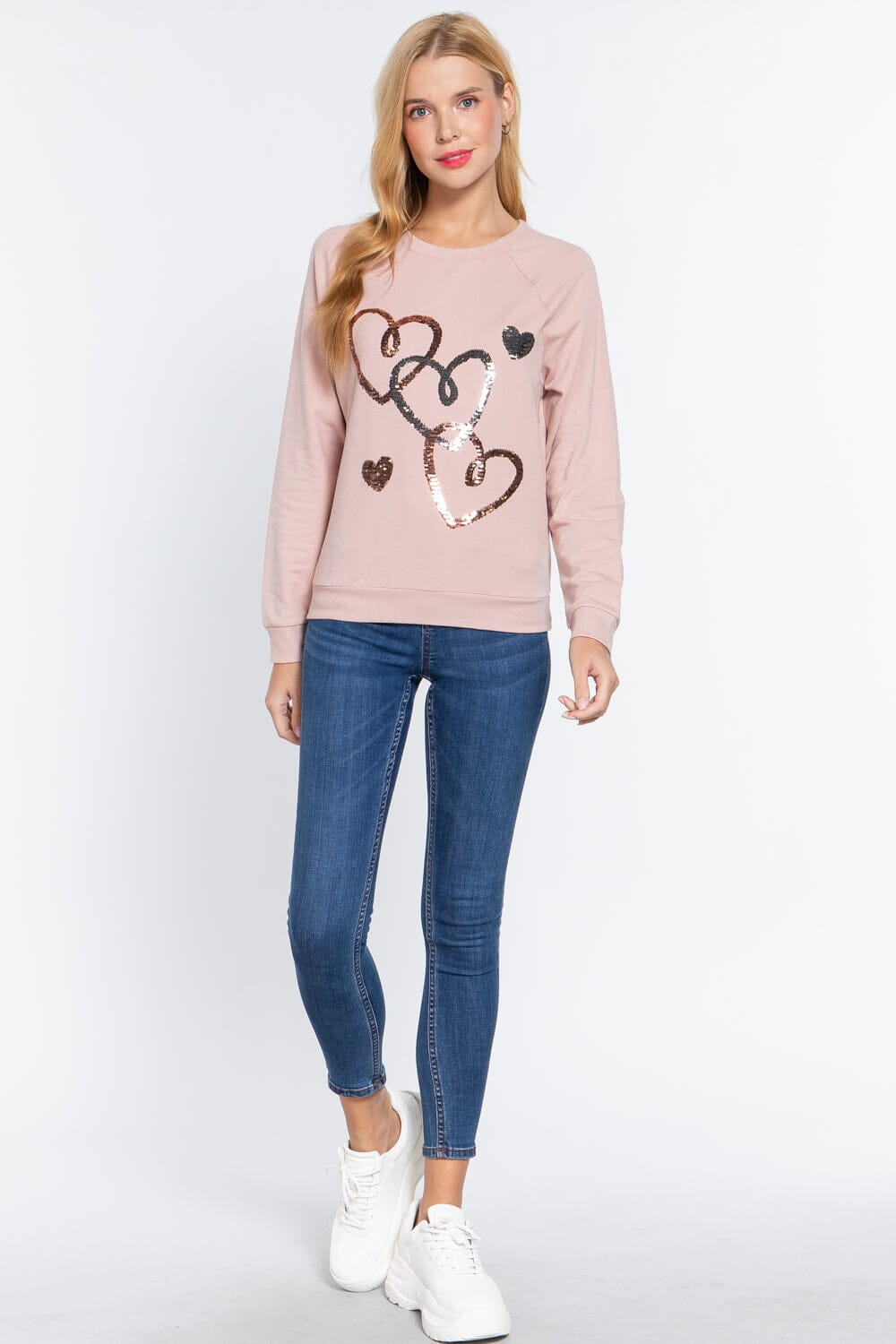 Women Long Sleeve Sequins French Terry Pullover Top Shirts & Tops jehouze