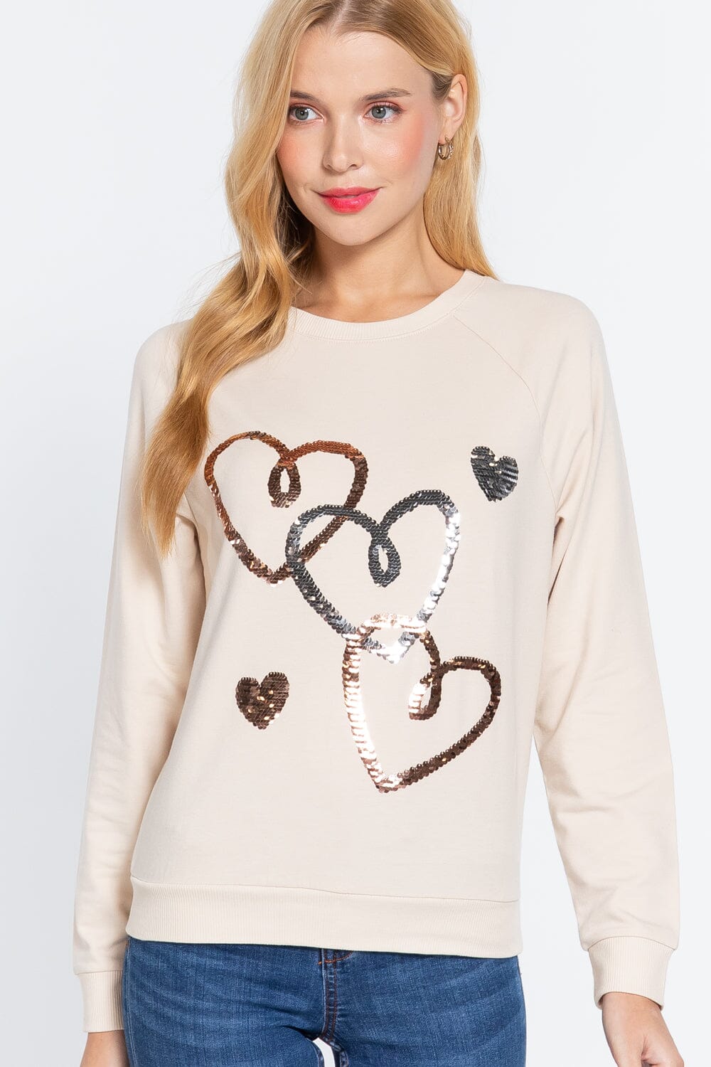 Women Long Sleeve Sequins French Terry Pullover Top Shirts & Tops jehouze Bone S