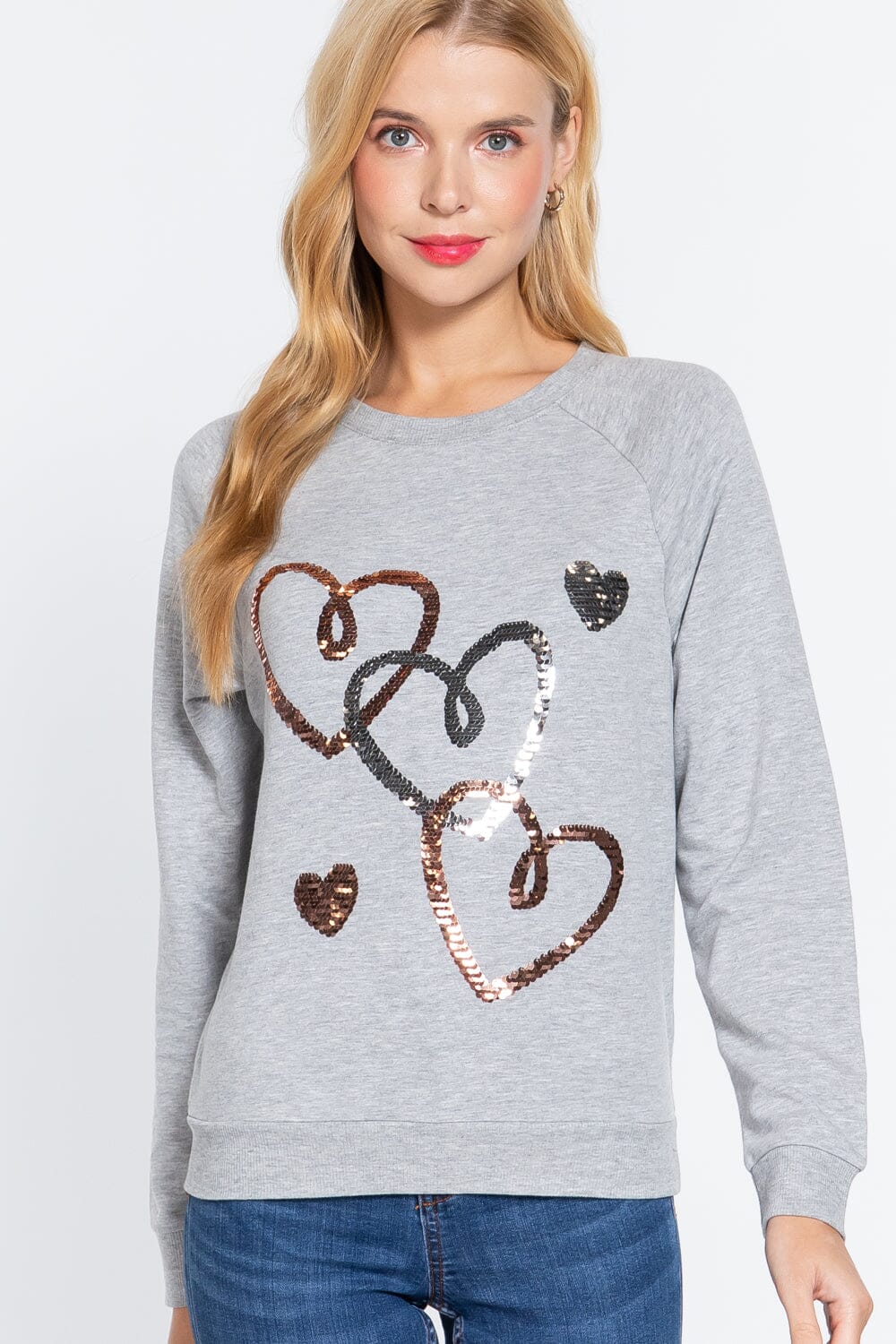Women Long Sleeve Sequins French Terry Pullover Top Shirts & Tops jehouze Heather Grey S