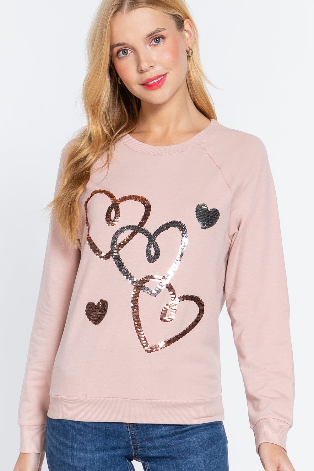 Women Long Sleeve Sequins French Terry Pullover Top Shirts & Tops jehouze Pale Pink S