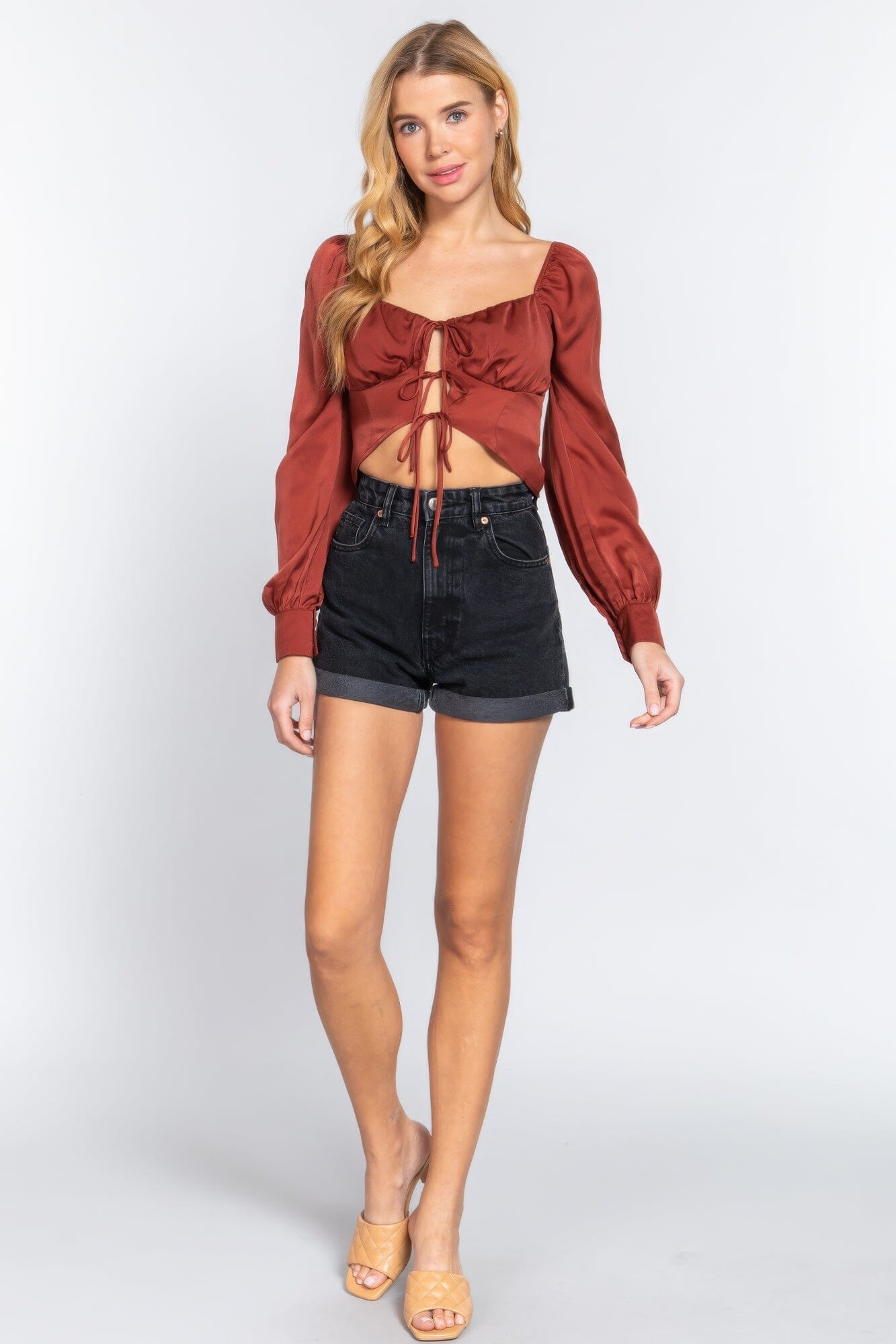 Women Long Sleeve Sweetheart Neck Front Ribbon Tie Detail Woven Top Shirts & Tops jehouze