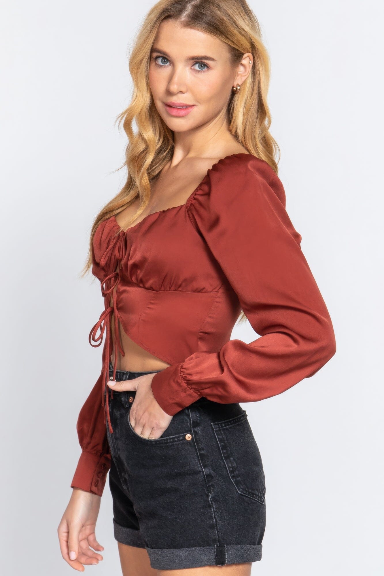 Women Long Sleeve Sweetheart Neck Front Ribbon Tie Detail Woven Top Shirts & Tops jehouze