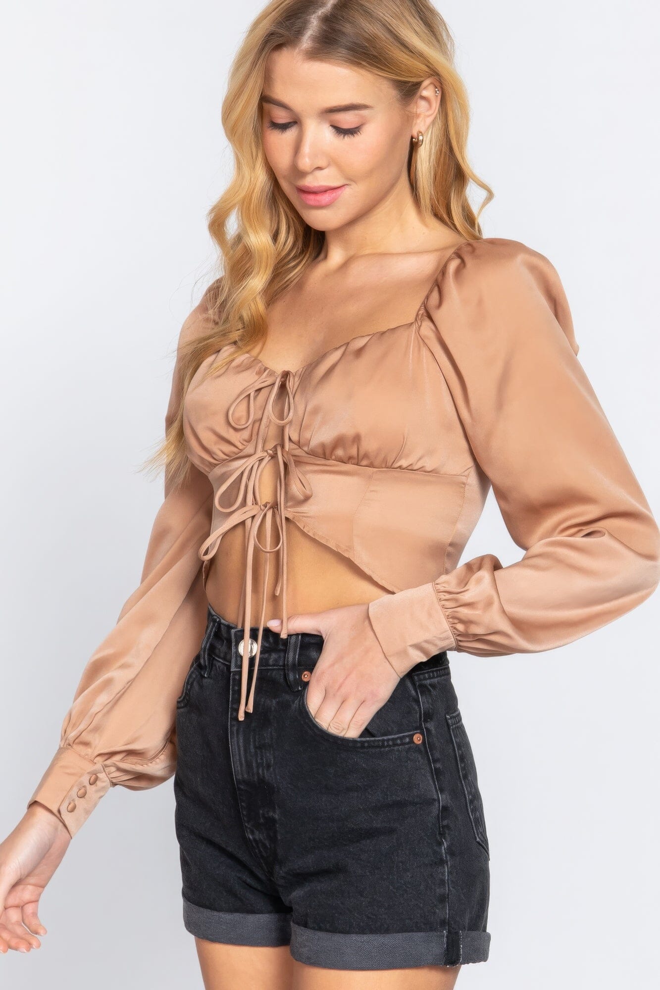 Women Long Sleeve Sweetheart Neck Front Ribbon Tie Detail Woven Top Shirts & Tops jehouze
