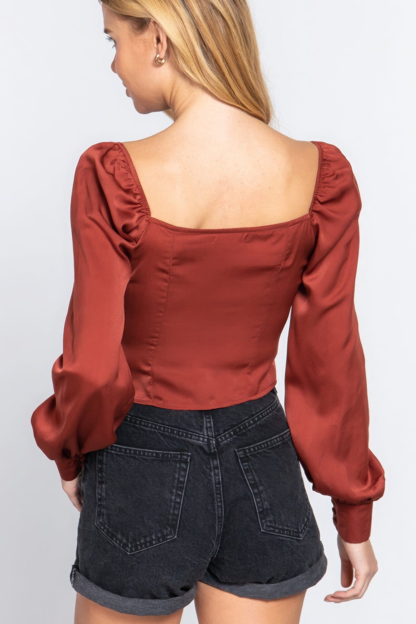 Women Long Sleeve Sweetheart Neck Front Ribbon Tie Detail Woven Top Shirts & Tops jehouze