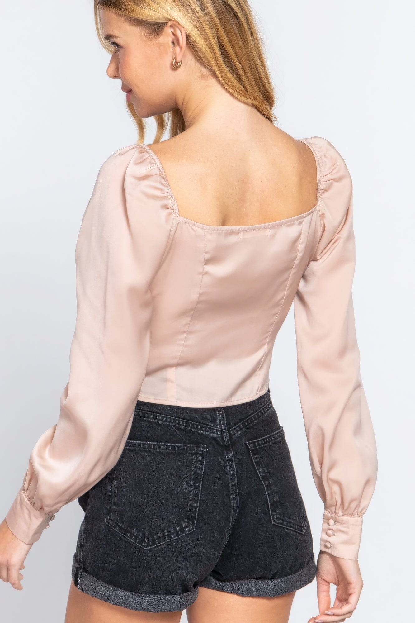 Women Long Sleeve Sweetheart Neck Front Ribbon Tie Detail Woven Top Shirts & Tops jehouze