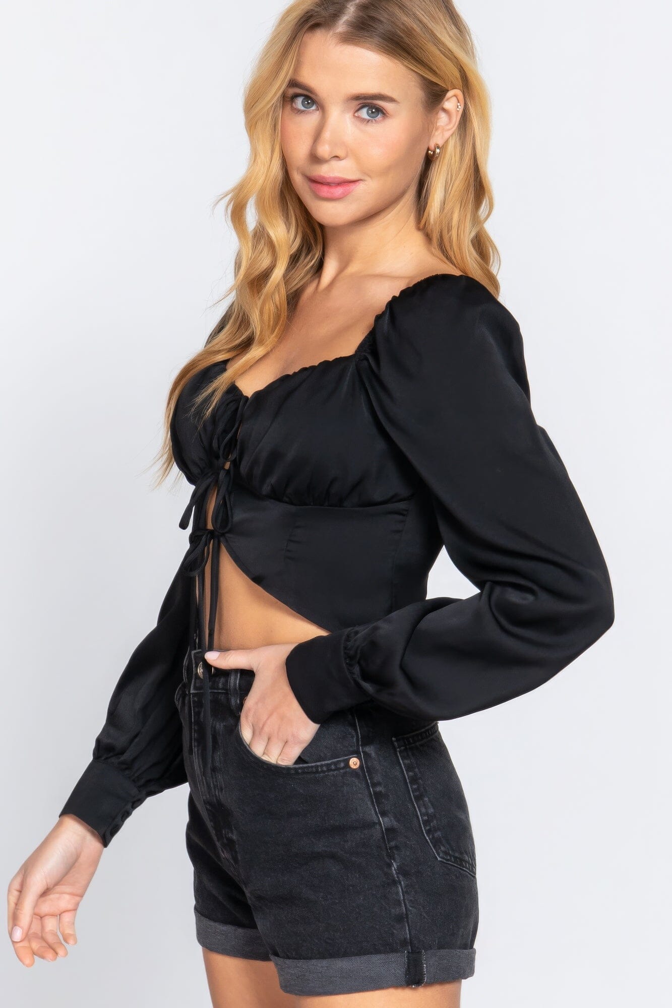 Women Long Sleeve Sweetheart Neck Front Ribbon Tie Detail Woven Top Shirts & Tops jehouze